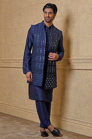 Navy Blue Viscose Blend Mirror Embroidered Indowestern Set by TASVA