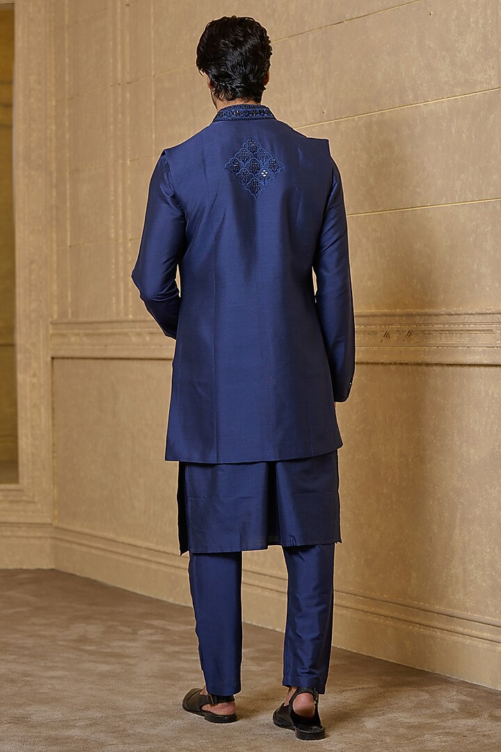 Navy Blue Viscose Blend Mirror Embroidered Wedding Indowestern Set by TASVA at Pernia's Pop Up Shop