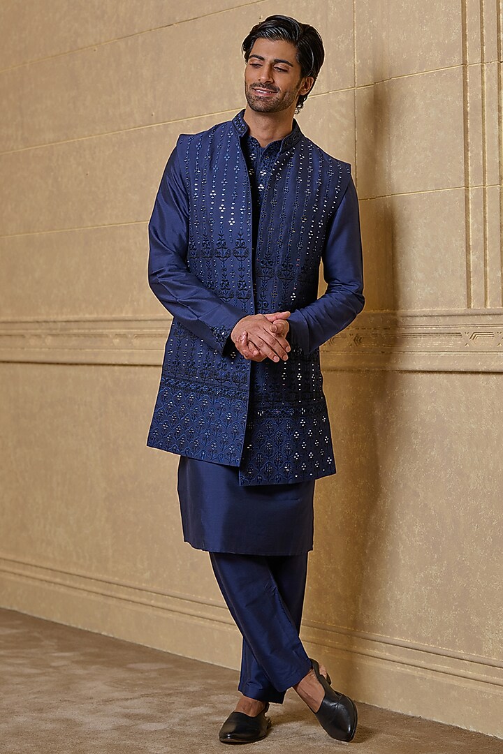 Navy Blue Viscose Blend Mirror Embroidered Wedding Indowestern Set by TASVA at Pernia's Pop Up Shop