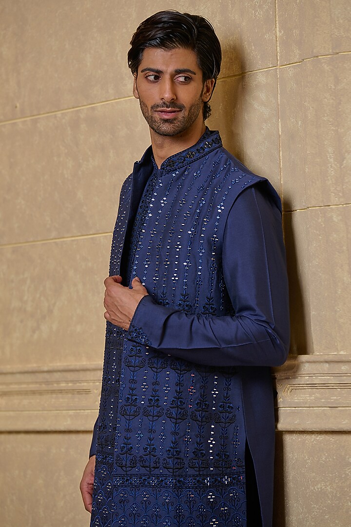 Navy Blue Viscose Blend Mirror Embroidered Wedding Indowestern Set by TASVA at Pernia's Pop Up Shop