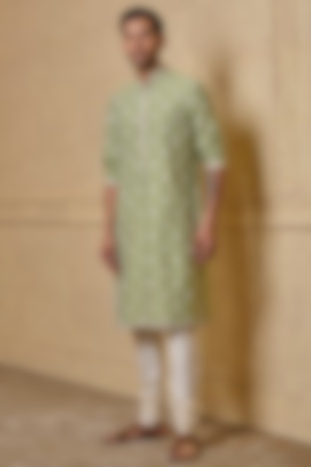 Light Green Viscose Polyester Embroidered Kurta Set by TASVA