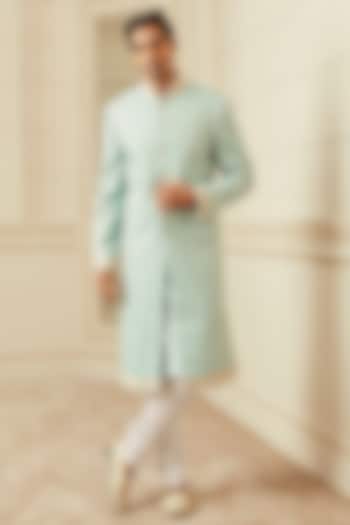 Light Blue Silk & Viscose Blend Embroidered Sherwani Set by TASVA at Pernia's Pop Up Shop