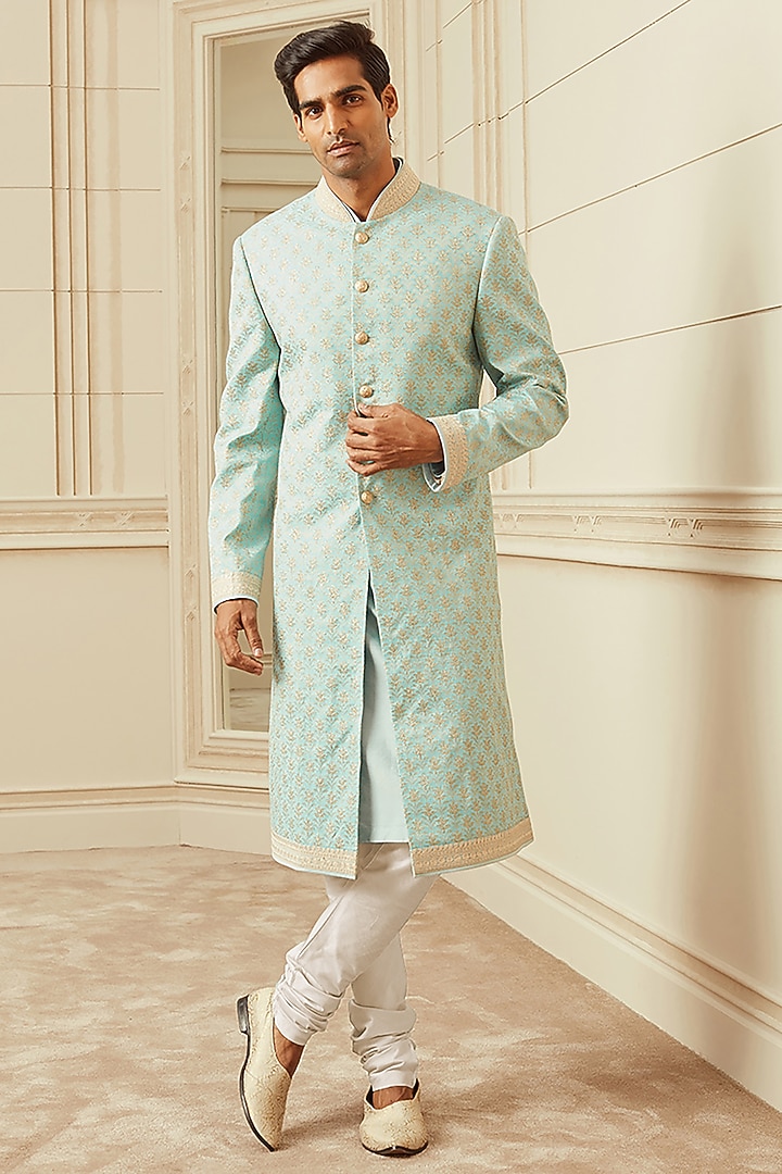 Light Blue Silk & Viscose Blend Embroidered Sherwani Set by TASVA at Pernia's Pop Up Shop