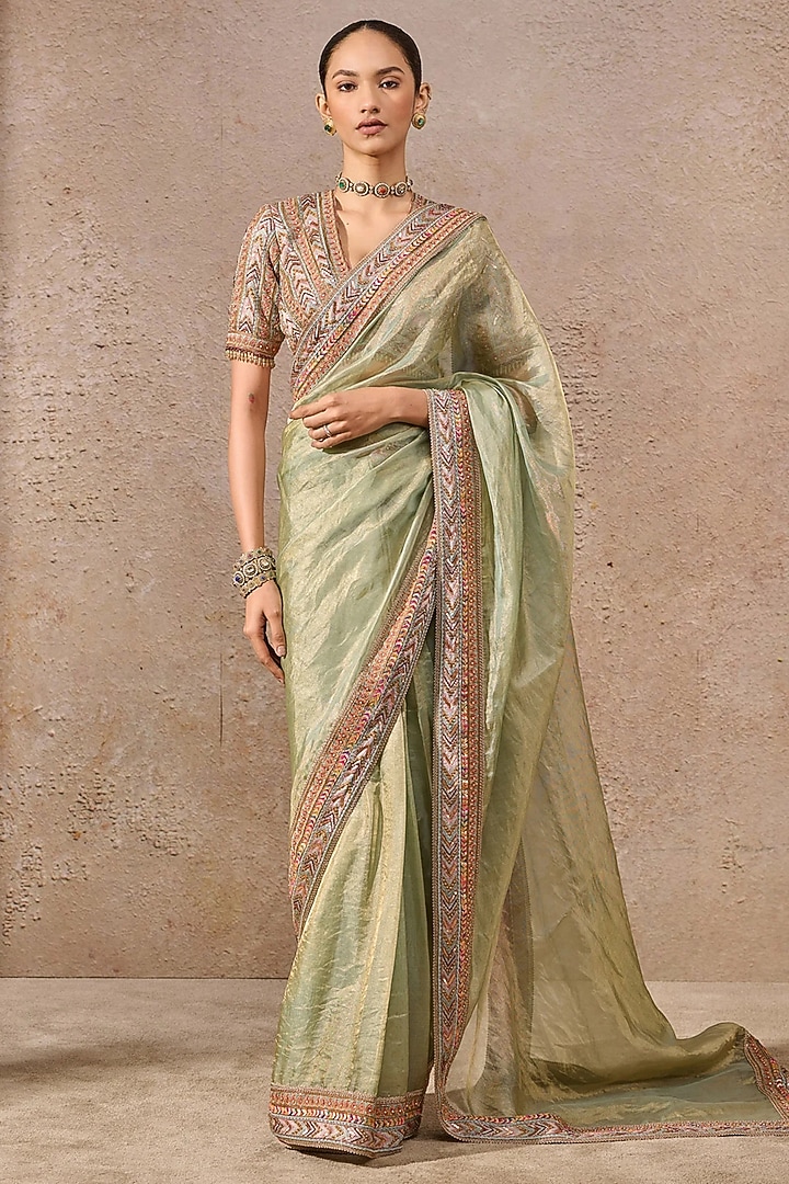 Jade Silk Tissue Hand Embroidered Bridal Saree Set by Tarun Tahiliani at Pernia's Pop Up Shop