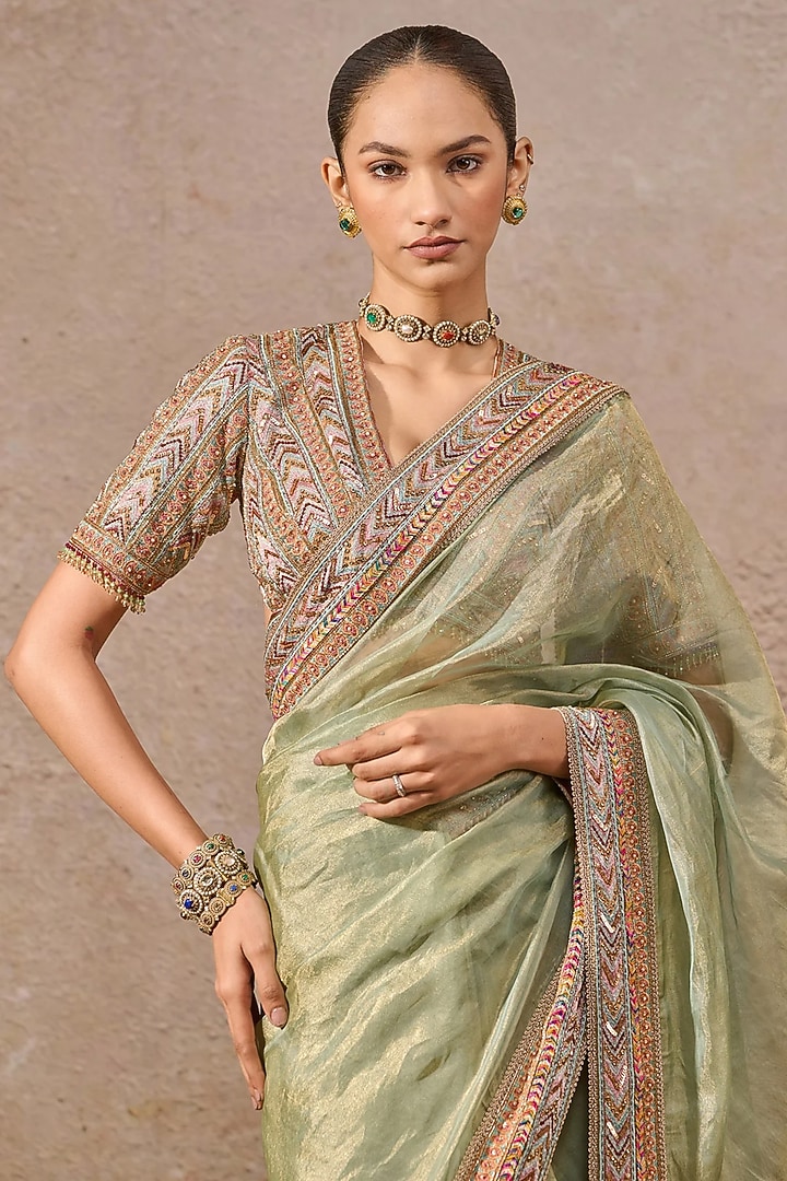 Jade Silk Tissue Hand Embroidered Bridal Saree Set by Tarun Tahiliani at Pernia's Pop Up Shop