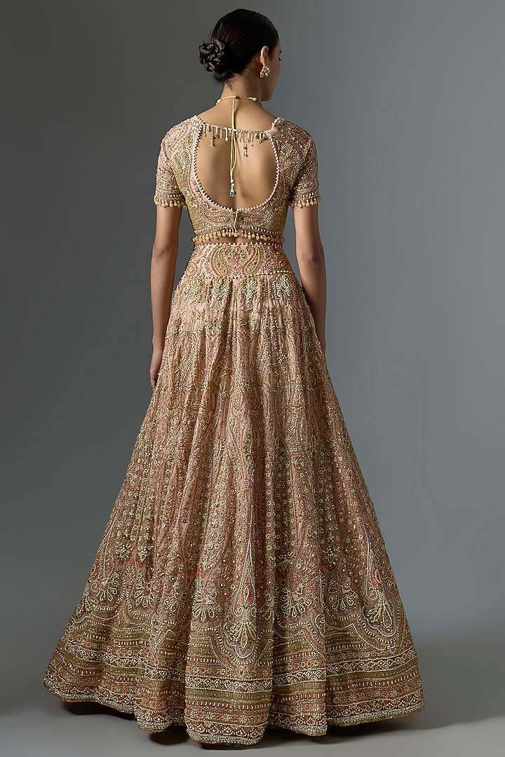 Blush Pink Indian Tulle & Sheer Silk Sequins Embroidered Bridal Lehenga Set by Tarun Tahiliani at Pernia's Pop Up Shop