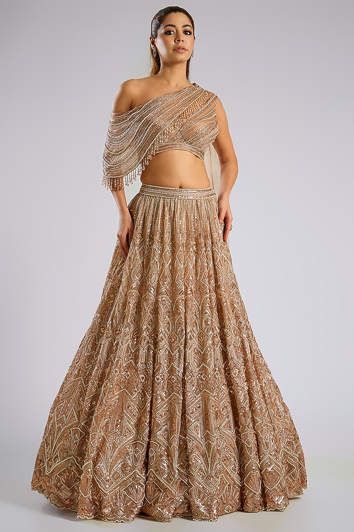 Gold Tulle Net Hand Embroidered Bridal Lehenga Set by Tarun Tahiliani at Pernia's Pop Up Shop