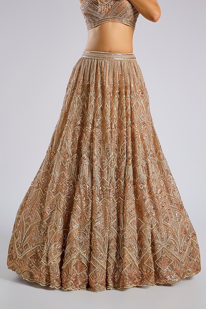 Gold Tulle Net Hand Embroidered Bridal Lehenga Set by Tarun Tahiliani at Pernia's Pop Up Shop