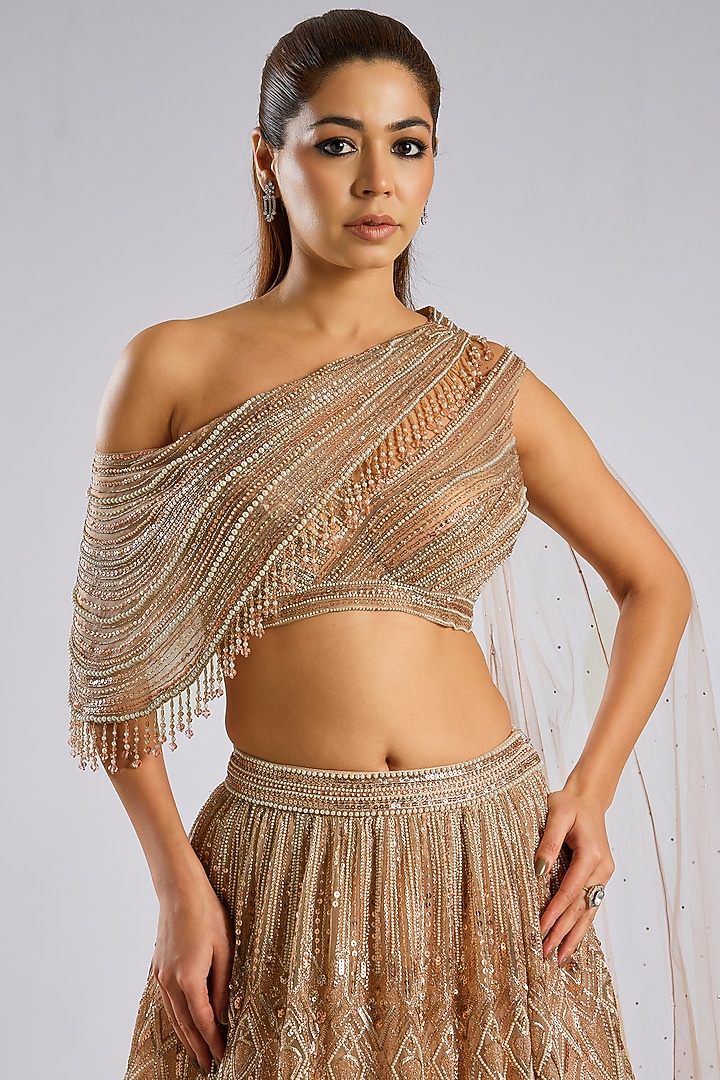 Gold Tulle Net Hand Embroidered Bridal Lehenga Set by Tarun Tahiliani at Pernia's Pop Up Shop