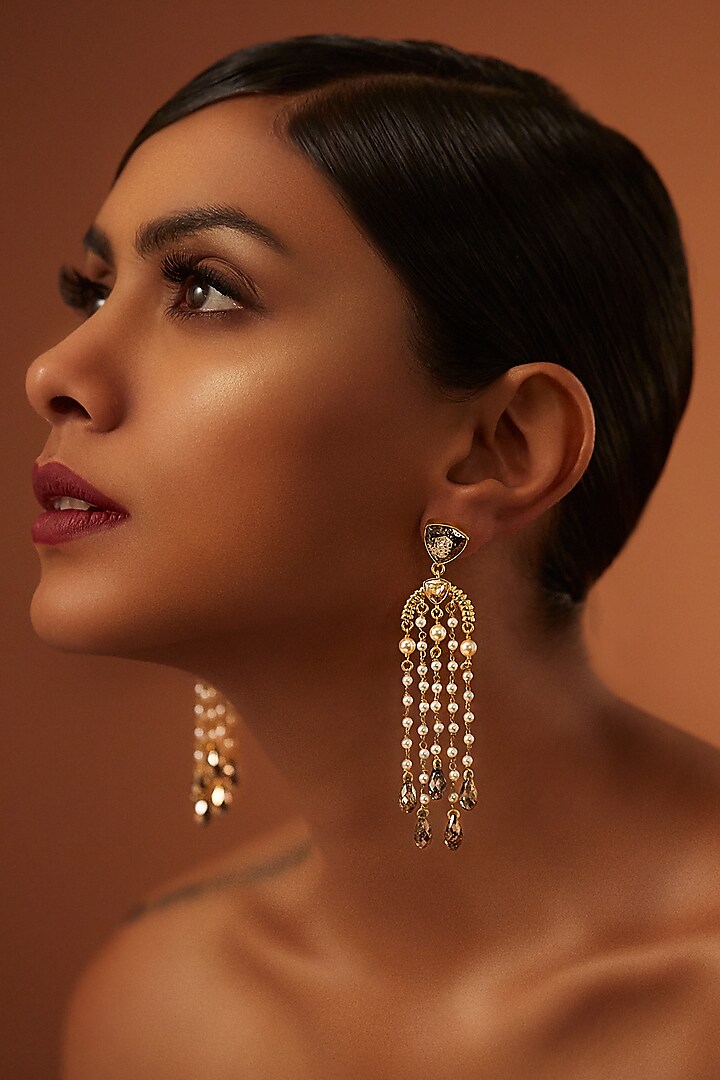 Gold Finish Briolette Drop Earrings by Tarun Tahiliani