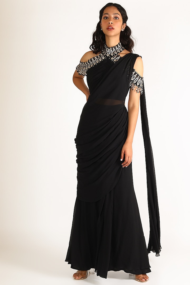 Black Embroidered Draped Saree Set by Tarun Tahiliani