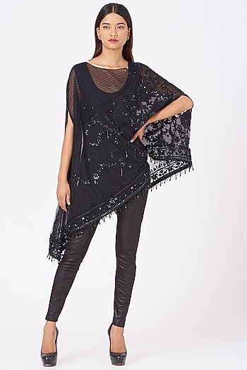 Black Embroidered Tulle Cape by Tarun Tahiliani