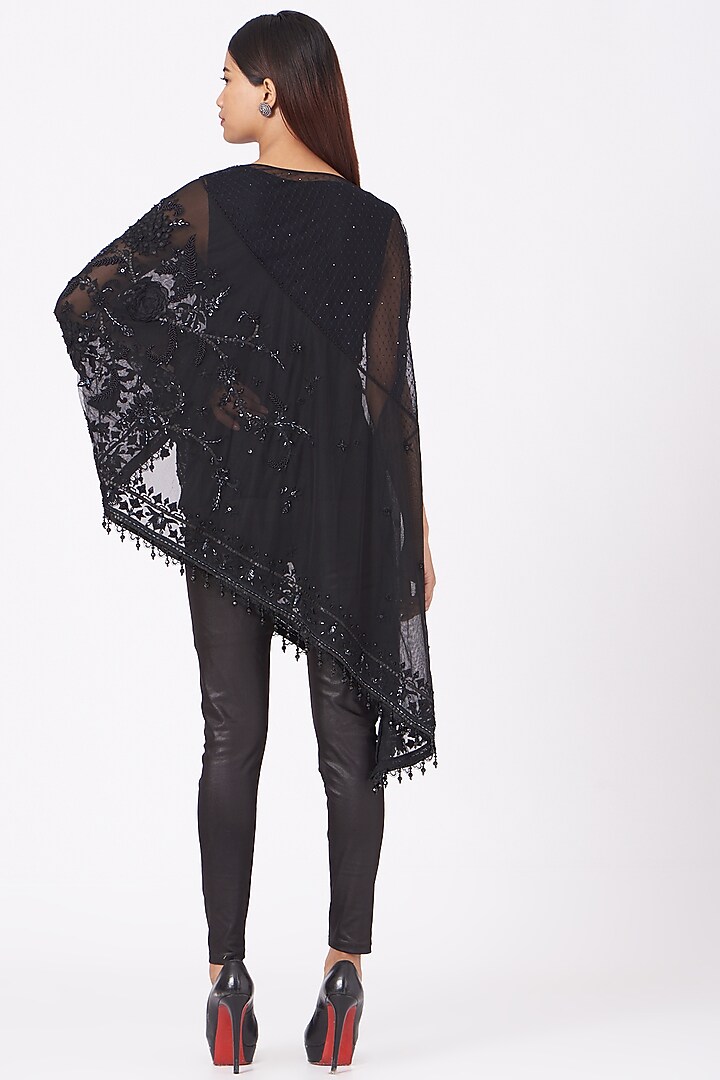 Black Embroidered Tulle Cape by Tarun Tahiliani at Pernia's Pop Up Shop