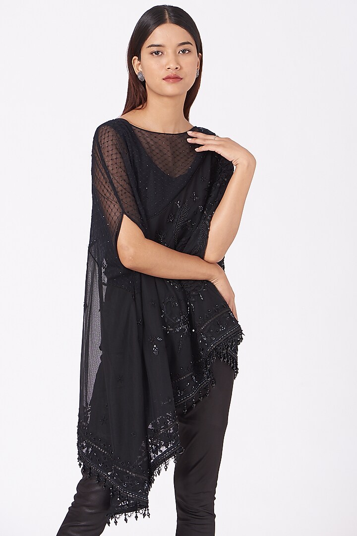 Black Embroidered Tulle Cape by Tarun Tahiliani at Pernia's Pop Up Shop
