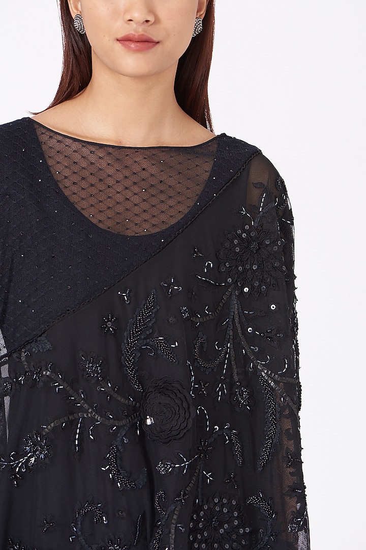 Black Embroidered Tulle Cape by Tarun Tahiliani at Pernia's Pop Up Shop