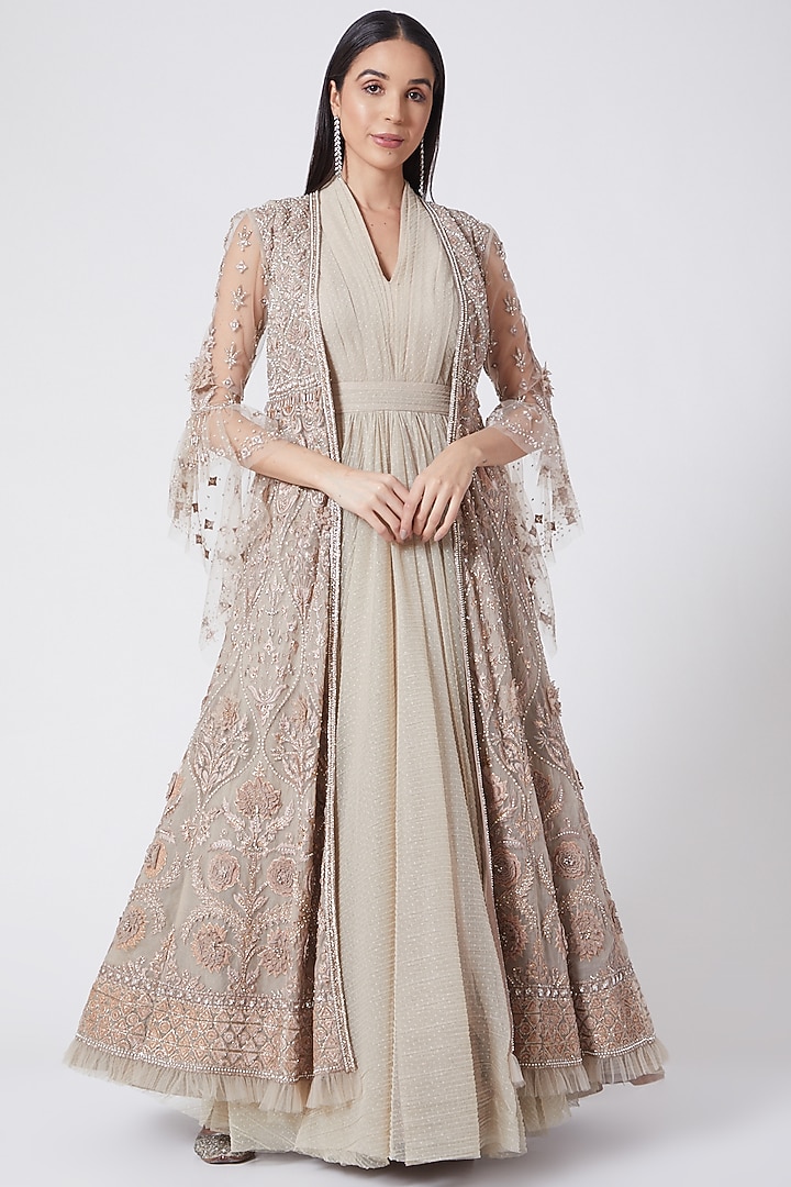 Grey Embroidered Bridal Anarkali Gown by Tarun Tahiliani at Pernia's Pop Up Shop