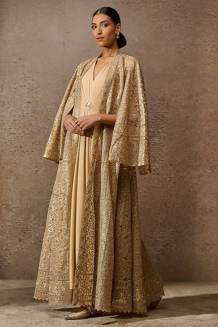 Gold Tulle & Jersey Embroidered Jacket Party Wear Dress by Tarun Tahiliani at Pernia's Pop Up Shop