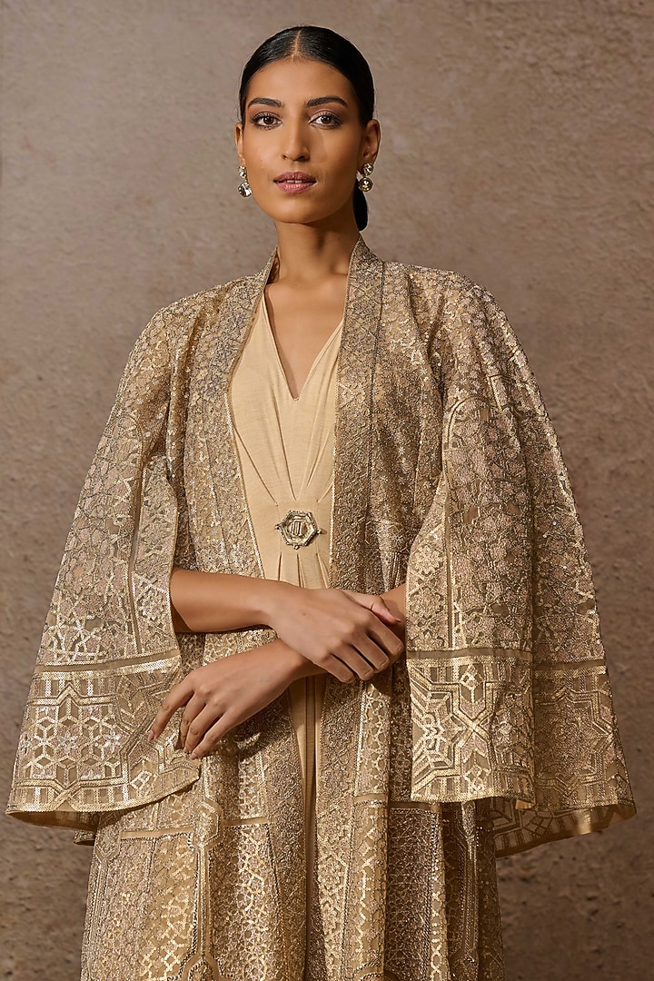 Gold Tulle & Jersey Embroidered Jacket Party Wear Dress by Tarun Tahiliani at Pernia's Pop Up Shop