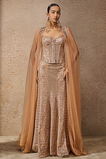 Gold Tulle Sequins Embroidered Lehenga Set by Tarun Tahiliani