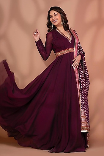 Wine Hand Embroidered Draped Anarkali Set by Tarun Tahiliani