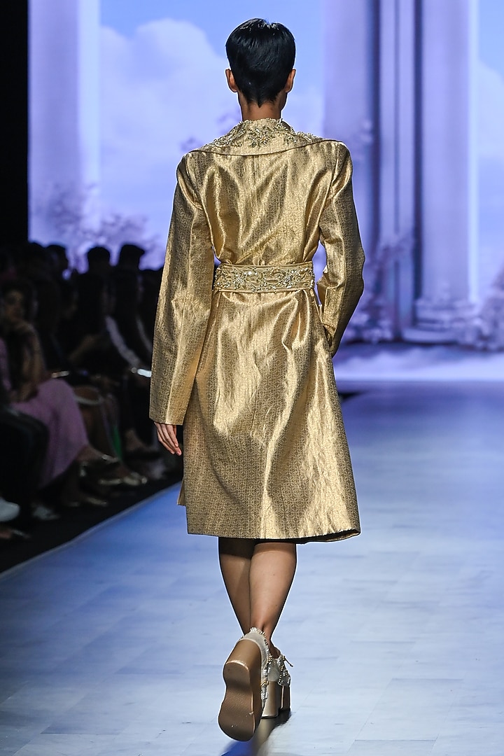 Dark Tan Green Brocade Hand Embroidered Trench Coat by TATWAMM By Abhishek & Vinita at Pernia's Pop Up Shop