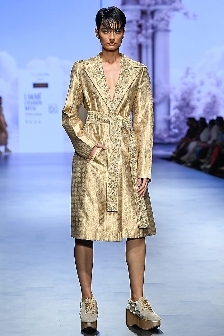 Dark Tan Green Brocade Hand Embroidered Trench Coat by TATWAMM By Abhishek & Vinita at Pernia's Pop Up Shop