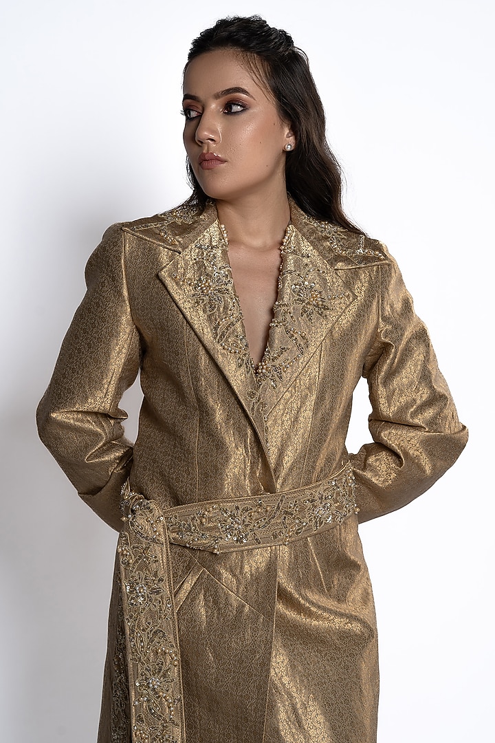 Dark Tan Green Brocade Hand Embroidered Trench Coat by TATWAMM By Abhishek & Vinita at Pernia's Pop Up Shop