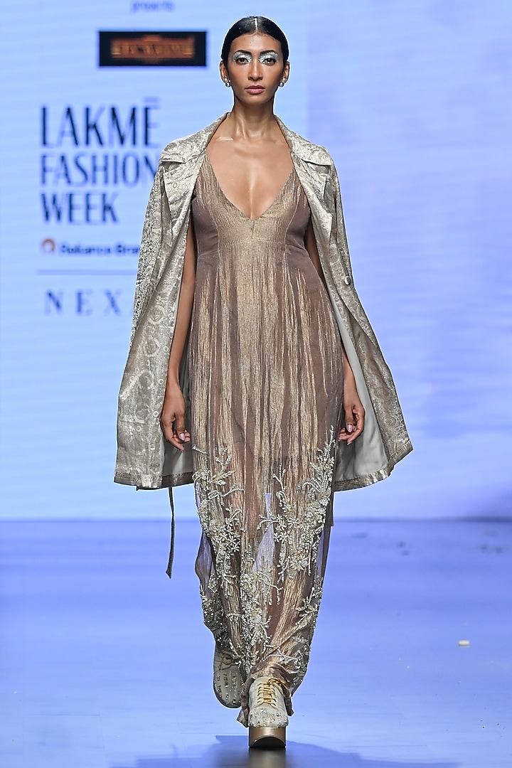 Beige Brocade Hand Embroidered Blazer Party Wear Dress by TATWAMM By Abhishek & Vinita at Pernia's Pop Up Shop