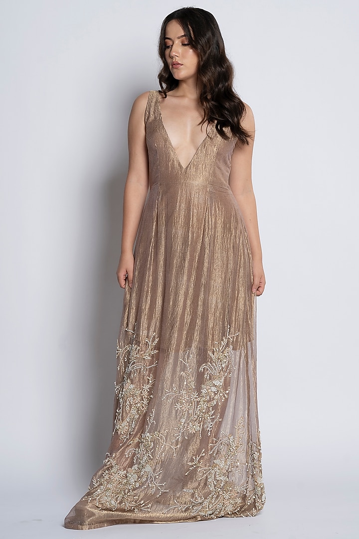 Beige Brocade Hand Embroidered Blazer Party Wear Dress by TATWAMM By Abhishek & Vinita at Pernia's Pop Up Shop