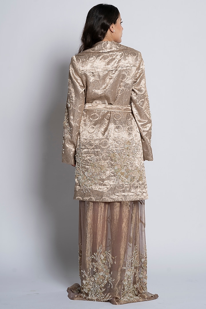 Beige Brocade Hand Embroidered Blazer Party Wear Dress by TATWAMM By Abhishek & Vinita at Pernia's Pop Up Shop