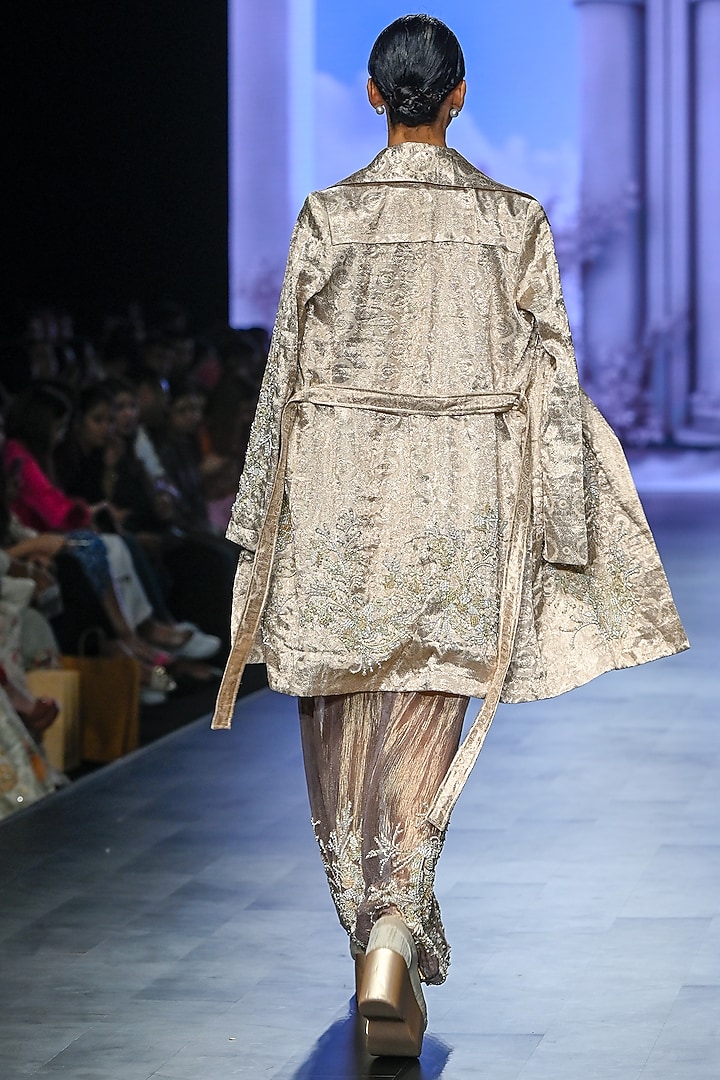 Beige Brocade Hand Embroidered Blazer Party Wear Dress by TATWAMM By Abhishek & Vinita at Pernia's Pop Up Shop