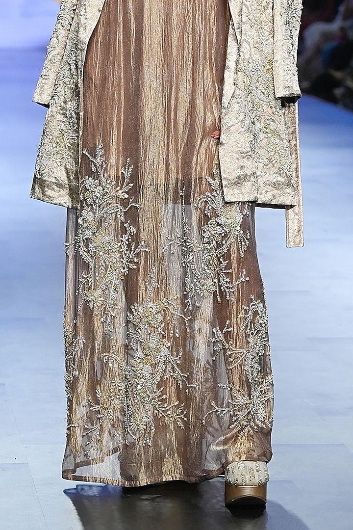 Beige Brocade Hand Embroidered Blazer Party Wear Dress by TATWAMM By Abhishek & Vinita at Pernia's Pop Up Shop