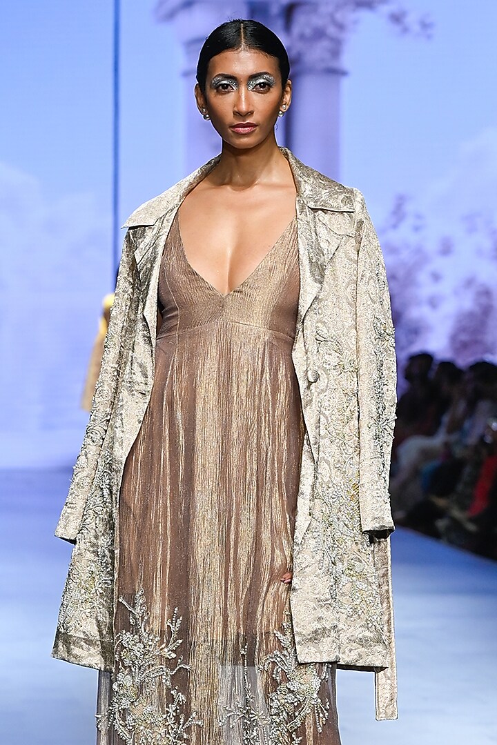 Beige Brocade Hand Embroidered Blazer Party Wear Dress by TATWAMM By  Abhishek & Vinita at Pernia's Pop Up Shop