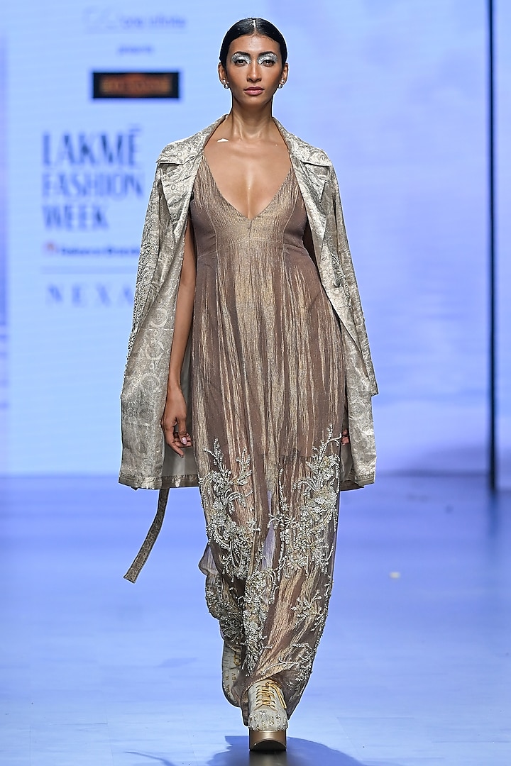 Beige Brocade Hand Embroidered Blazer Dress by TATWAMM Couture