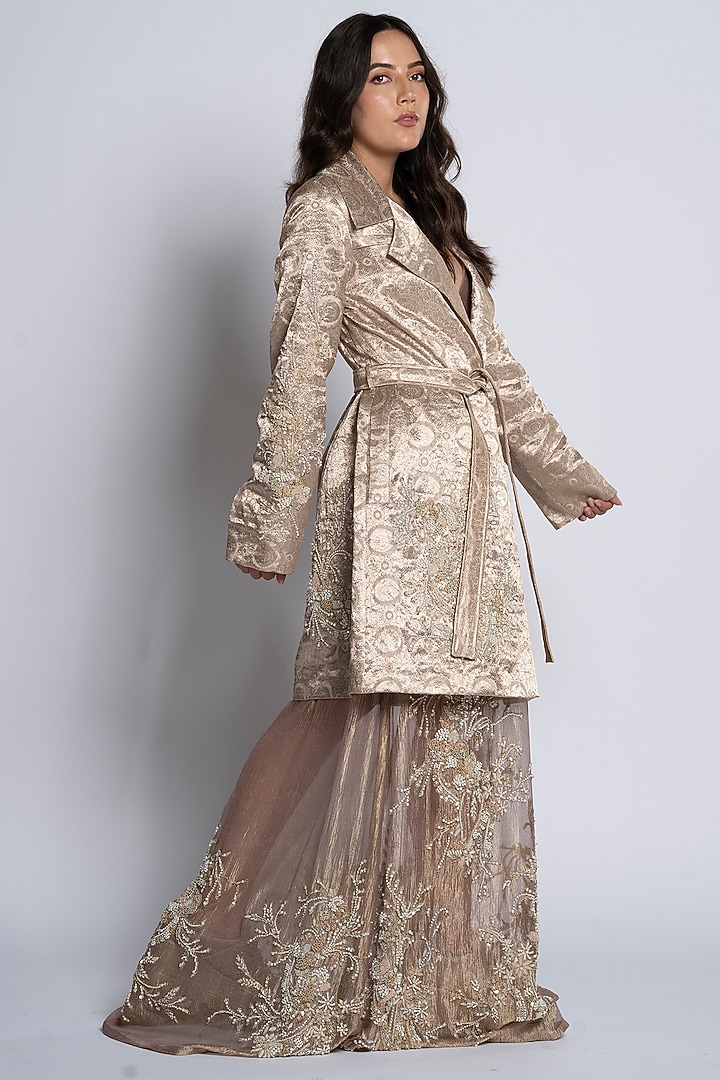 Beige Brocade Hand Embroidered Blazer Party Wear Dress by TATWAMM By Abhishek & Vinita at Pernia's Pop Up Shop