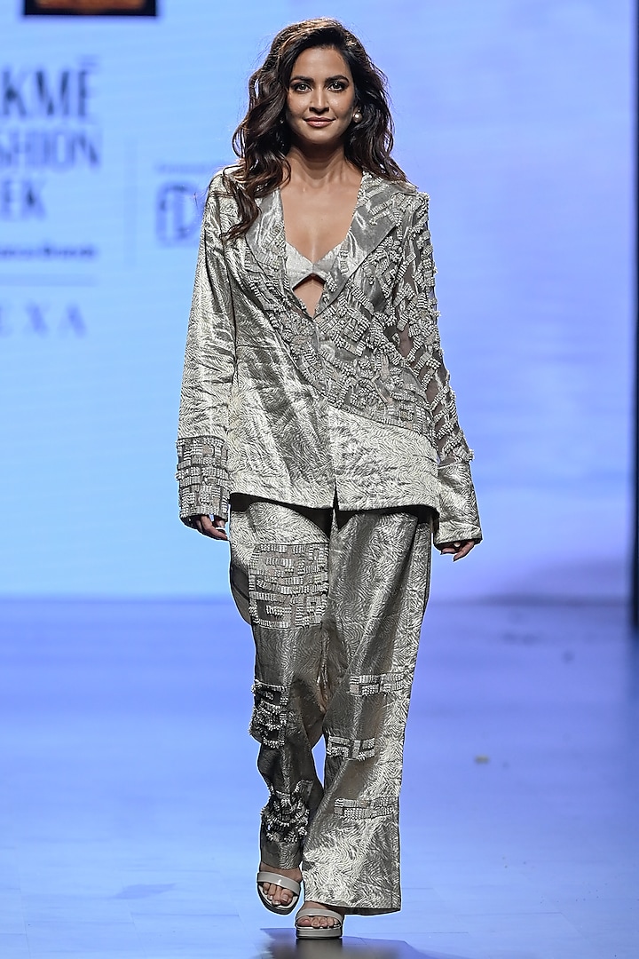 Beige Brocade & Tissue Patchwork Blazer Set by TATWAMM Couture