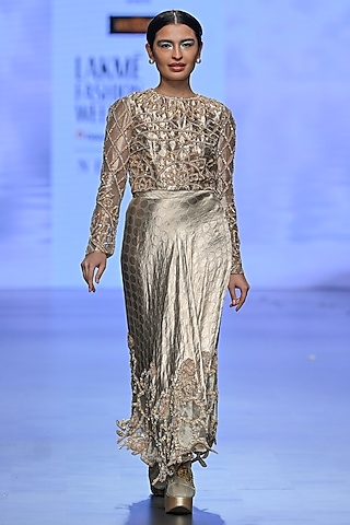 Beige Brocade Hand Embroidered Skirt Set by TATWAMM By Abhishek & Vinita