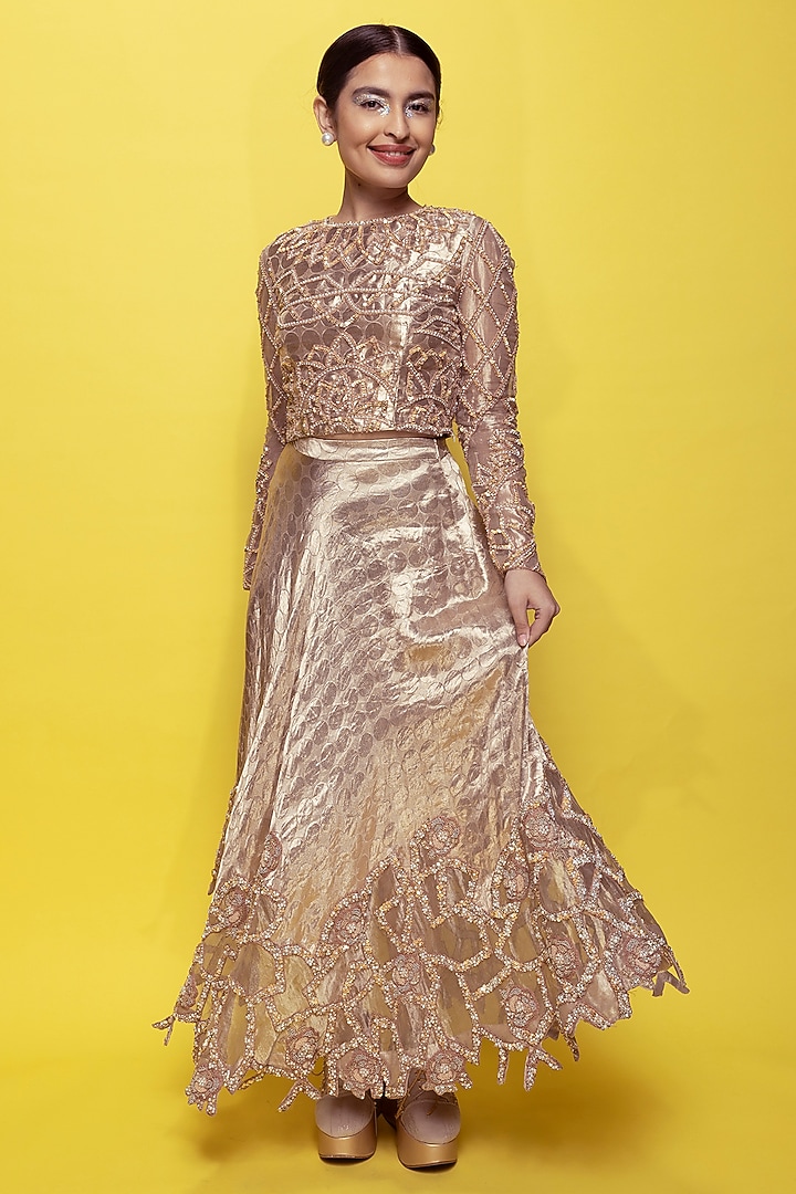Beige Brocade Hand Embroidered Skirt Set by TATWAMM By Abhishek & Vinita at Pernia's Pop Up Shop