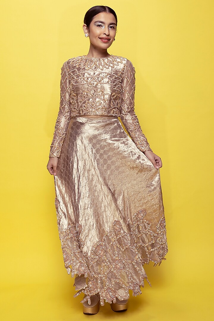 Beige Brocade Hand Embroidered Skirt Set by TATWAMM By Abhishek & Vinita at Pernia's Pop Up Shop