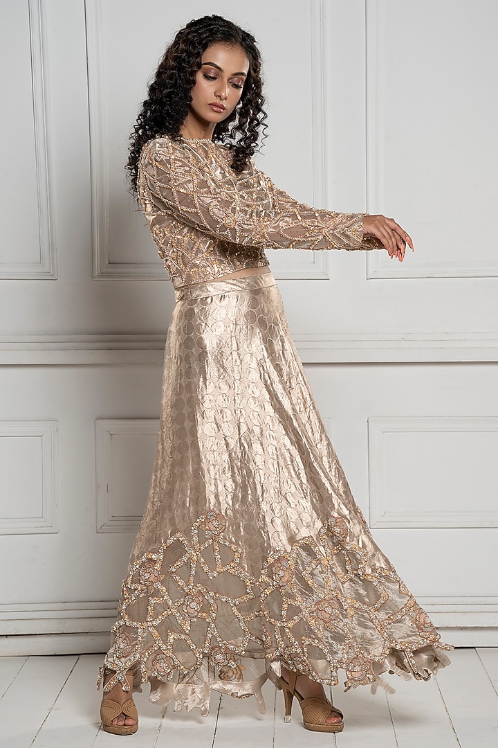 Beige Brocade Hand Embroidered Skirt Set by TATWAMM By Abhishek & Vinita at Pernia's Pop Up Shop