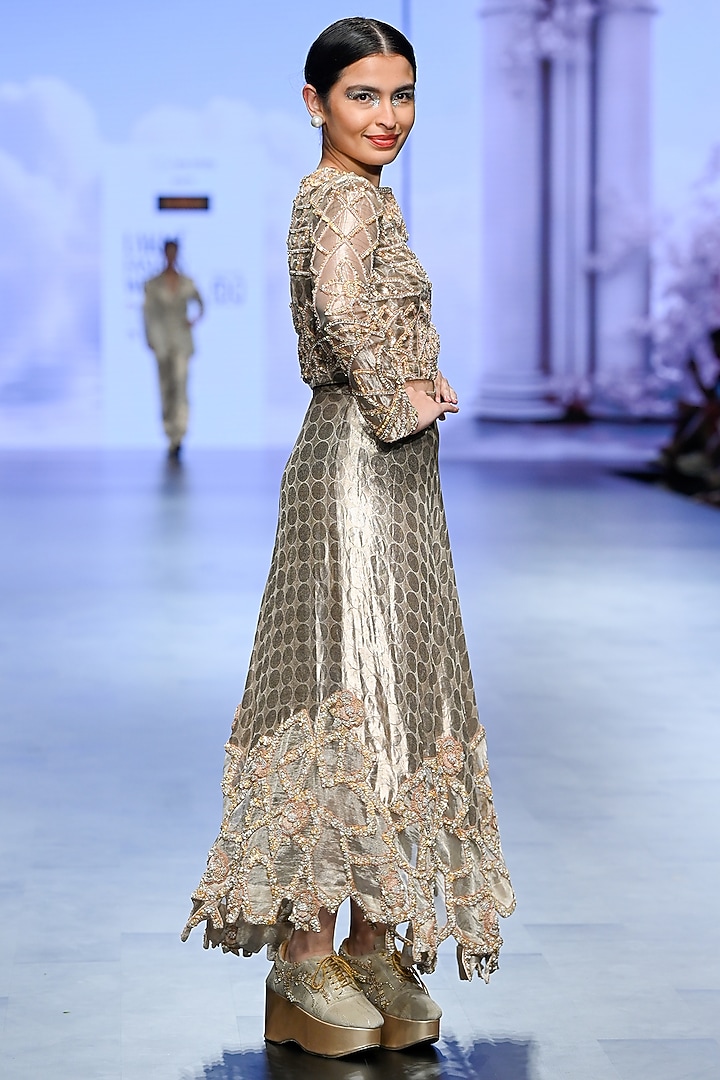 Beige Brocade Hand Embroidered Skirt Set by TATWAMM By Abhishek & Vinita at Pernia's Pop Up Shop