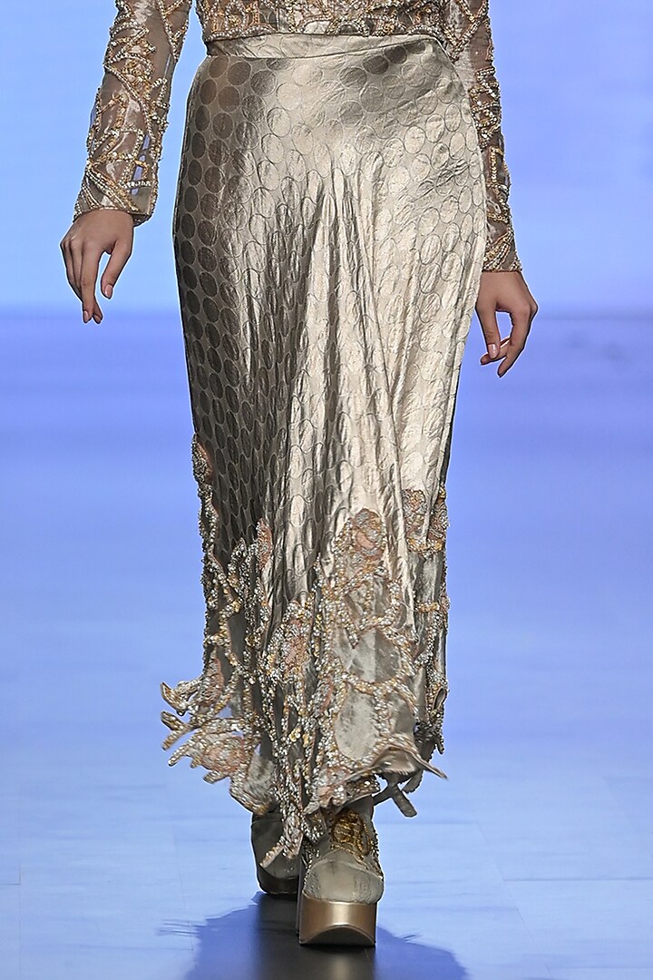 Beige Brocade Hand Embroidered Skirt Set by TATWAMM By Abhishek & Vinita at Pernia's Pop Up Shop