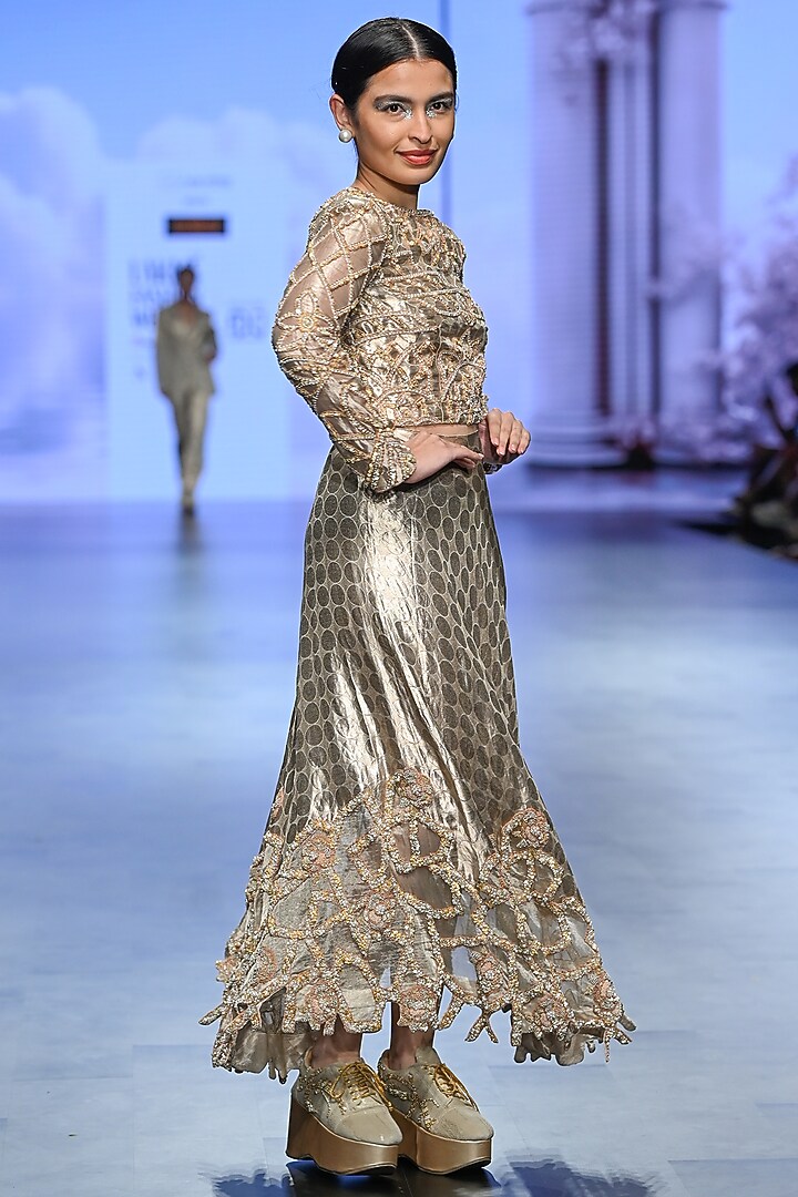 Beige Brocade Hand Embroidered Skirt Set by TATWAMM By Abhishek & Vinita at Pernia's Pop Up Shop