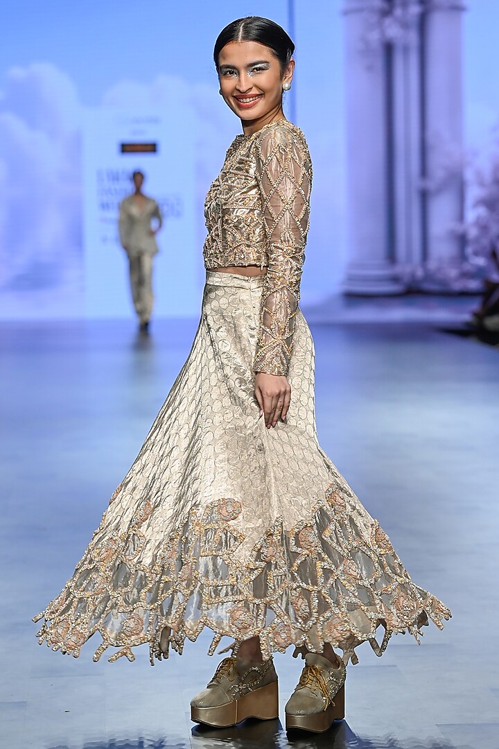 Beige Brocade Hand Embroidered Skirt Set by TATWAMM By Abhishek & Vinita at Pernia's Pop Up Shop