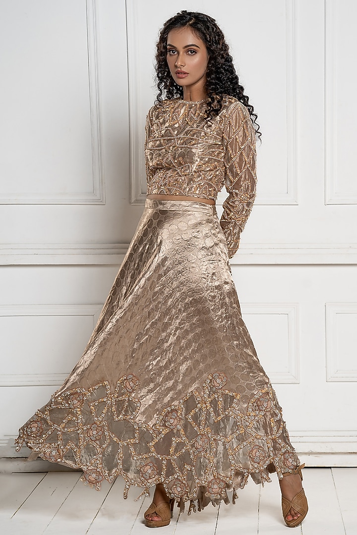 Beige Brocade Hand Embroidered Skirt Set by TATWAMM By Abhishek & Vinita at Pernia's Pop Up Shop