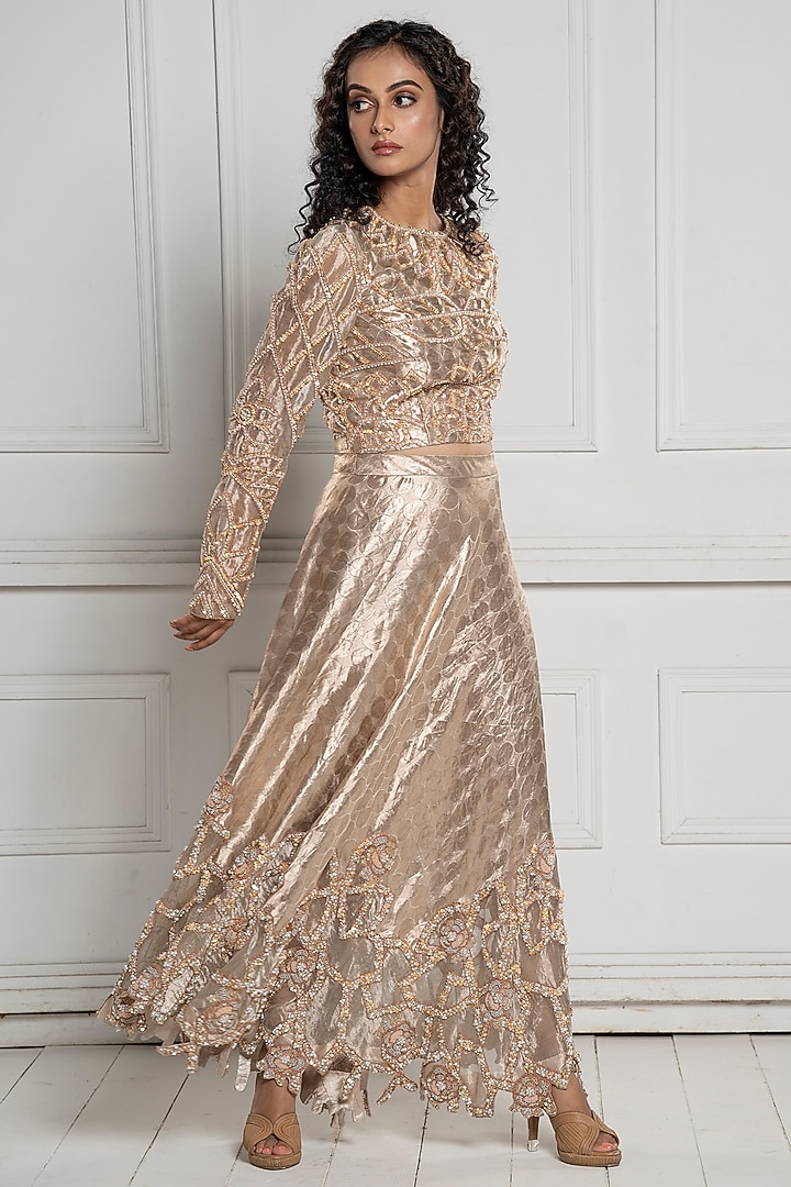 Beige Brocade Hand Embroidered Skirt Set by TATWAMM By Abhishek & Vinita at Pernia's Pop Up Shop