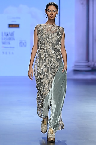 Mint Green Velvet Jumpsuit With Jacket by TATWAMM By Abhishek & Vinita