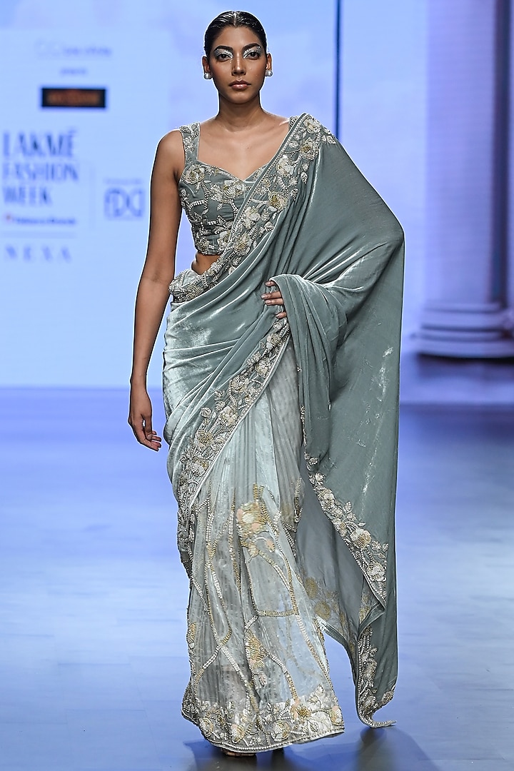 Mint-Blue Velvet & Tissue Hand Embroidered Saree Set by TATWAMM Couture