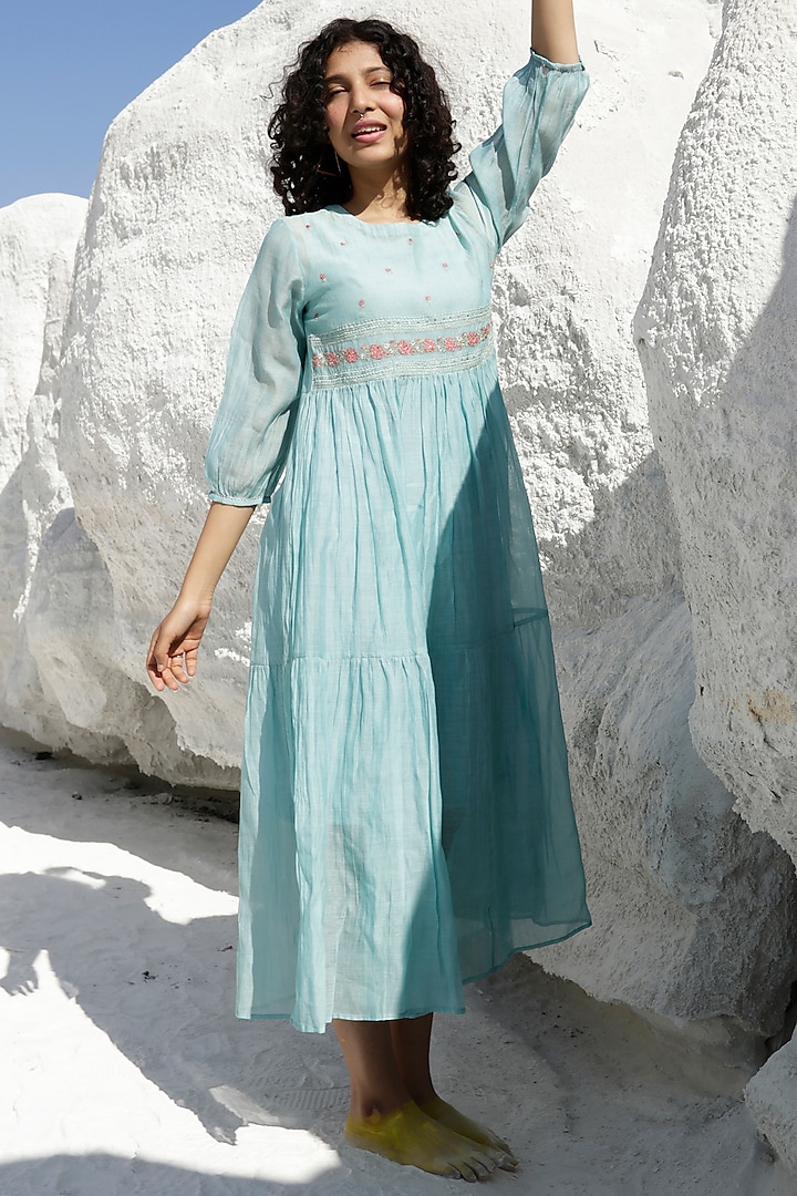 Turquoise Chanderi Embroidered Tiered Dress  by TATWA