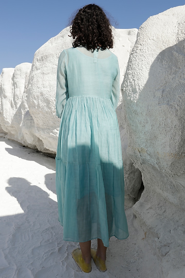 Turquoise Chanderi Embroidered Tiered Summer Dress by TATWA at Pernia's Pop Up Shop